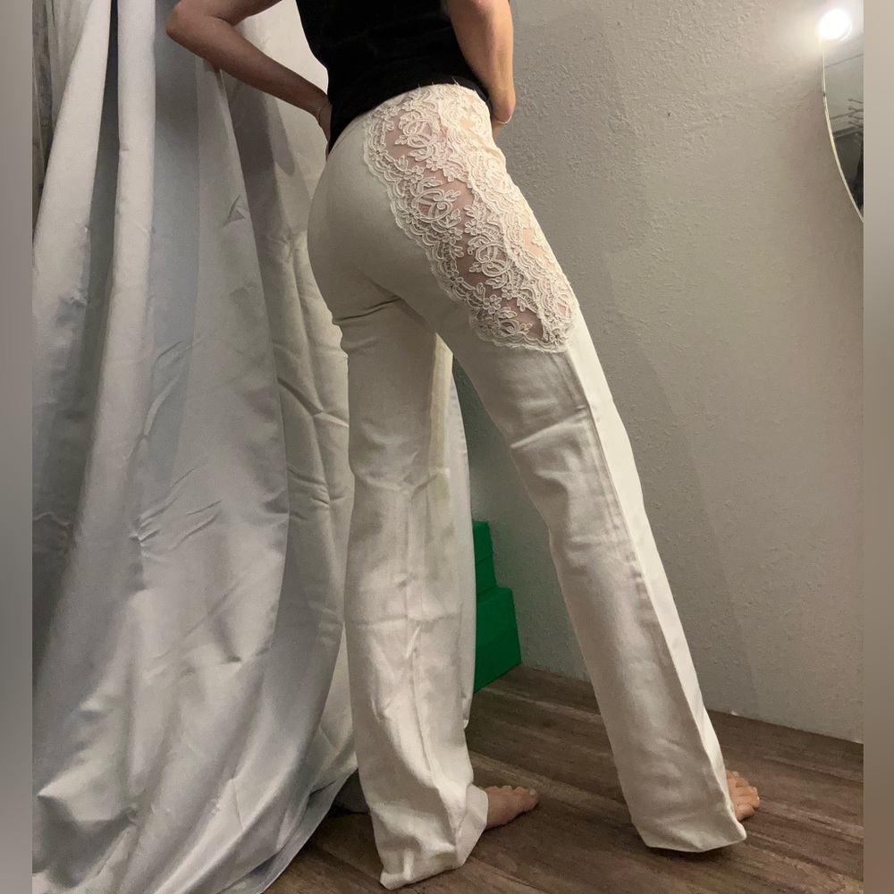Valentino White Lace Pants Cutout Lace Insert Details Long Leg